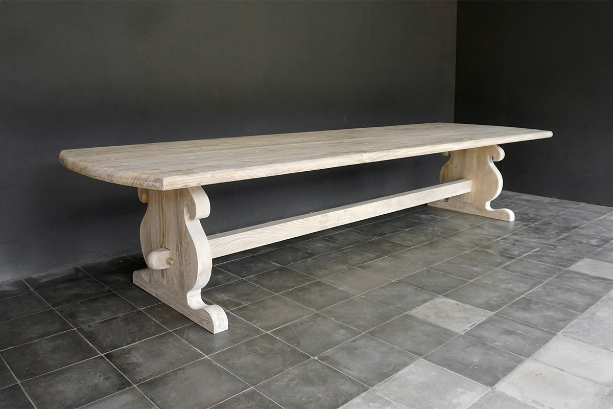 Baroque-style trestle dining table in reclaimed weathered teak